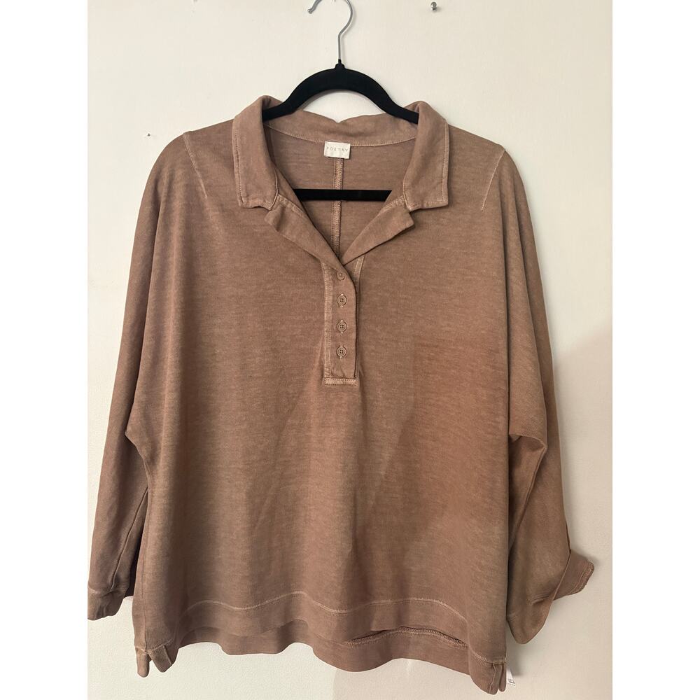 Poetry Half Button Top Brown Dolman Long Sleeve Collard Shirt Women's Sz 10